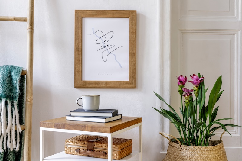 pokój urządzony w kolorach bieli i naturalnego drewna z kwiatem kurkumy 