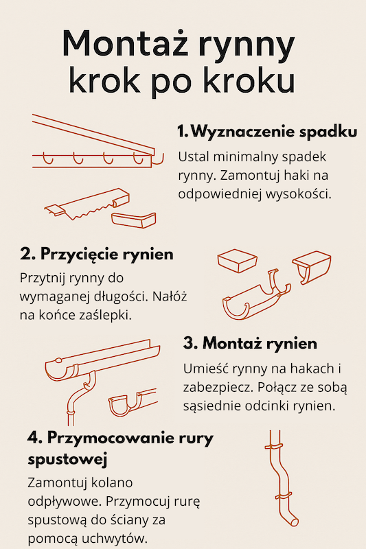 montaż rynny - infografika z etapami prac montaż rynny - wyjaśnienie w formie ilustracji