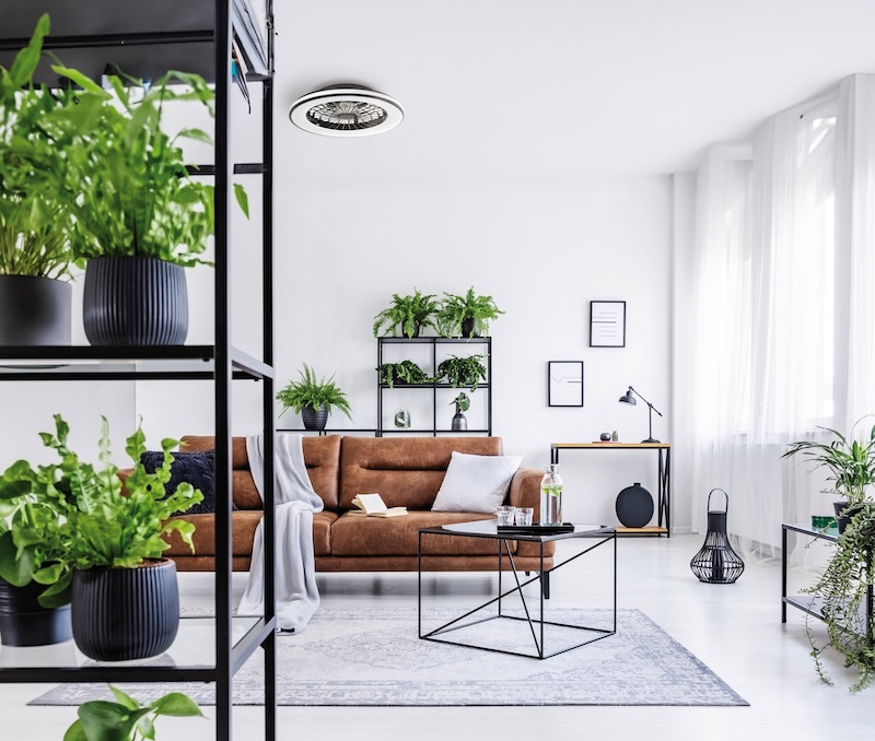 nowoczesny salon z czarnymi dodatkami i skórzaną kanapą 