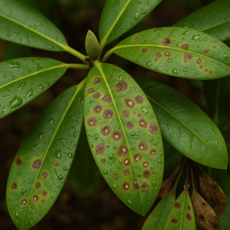 rododendron z objawami septorioza na liściach 