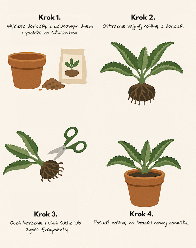 infografika z krokami w przesadzaniu żyworódki etapy przesadzania żyworódki