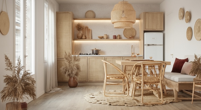 piękny salon z meblami z naturalnych materiałów piękny salon w stylu boho z meblami z rattanu
