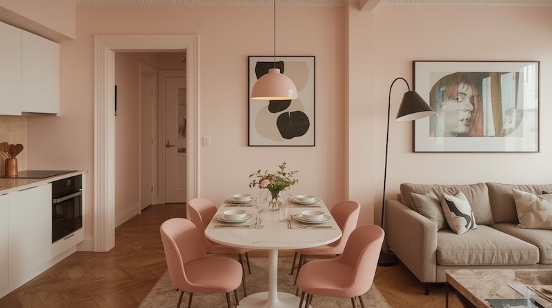 piękny salon z kuchnią i stołem jadalnianym w kolorach bieli i różu piękny salon w kolorach bieli i różu z aneksem kuchennym i stołem z czterema krzesłami