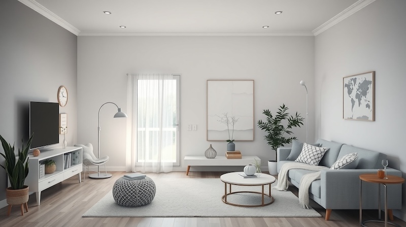 piękny salon w stylu skandynawskim z kanapą i komodami piękny salon z szarymi i białymi meblami w stylu skandynawskim