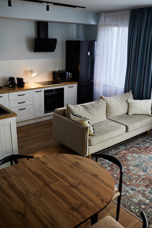 salon z aneksem kuchennym 22 m2 ze stołem i kanapą 
