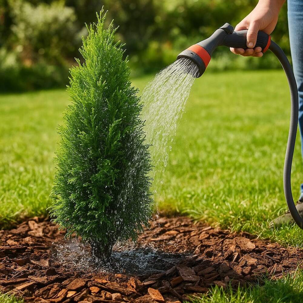 podlewanie tui rosnącej w ogrodzie 