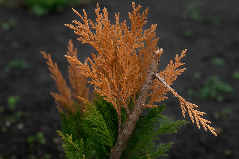 uszkodzony cyprysik po zimie - brązowe i połamane gałęzie 