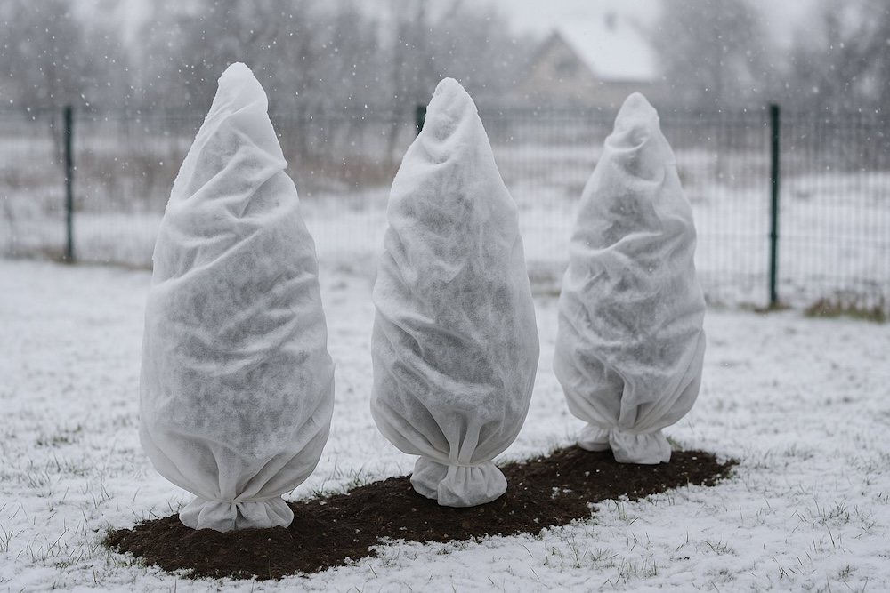 tuje owinięte agrowłókniną w zimie w ogrodzie 
