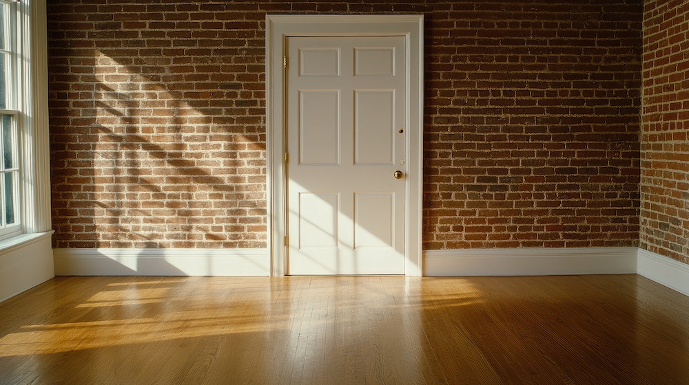 pokój z ceglaną ścianą, białymi drzwiami i drewnianą podłogą