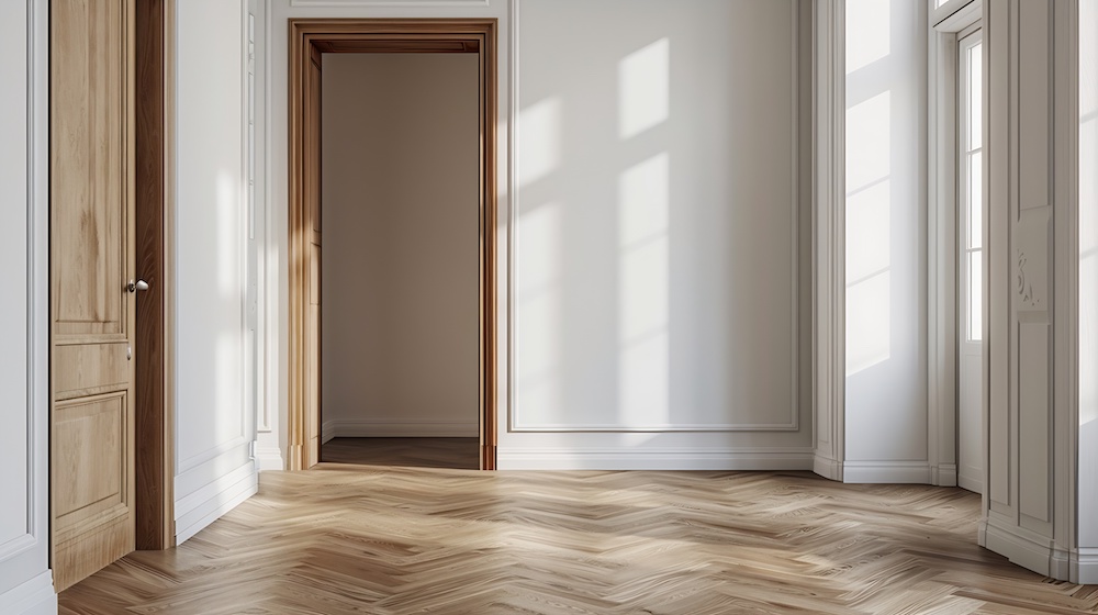 korytarz z jasnymi ścianami, drewnianą podłogą w jodełkę i drzwiami z naturalnego drewna