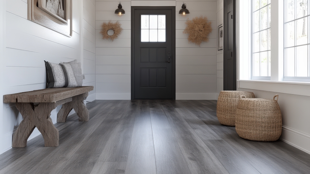Jasny przedpokój z drewnianą ławką, czarnymi drzwiami wejściowymi i dużymi oknami