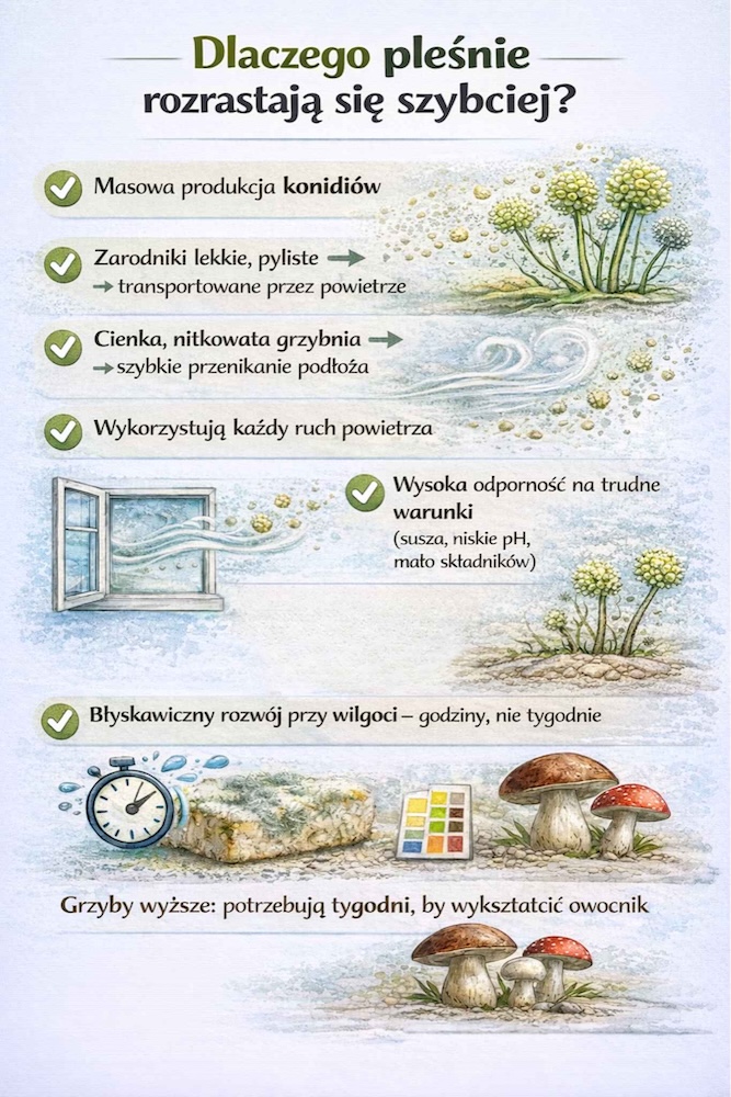 pleśń a grzyb - różnica w rozprzestrzenianiu 