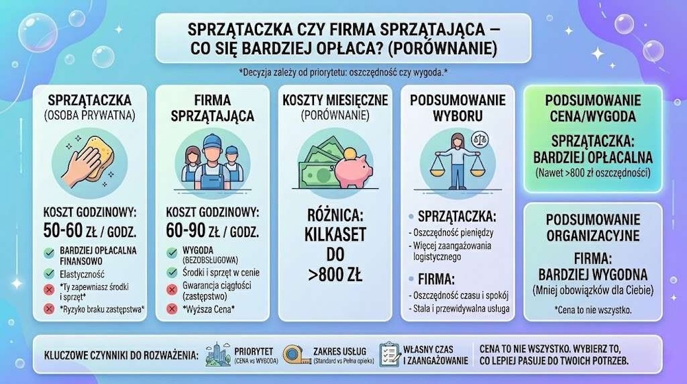 ile kosztuje sprzątanie domu raz w tygodniu przez osobę prywatną vs. przez firmę 