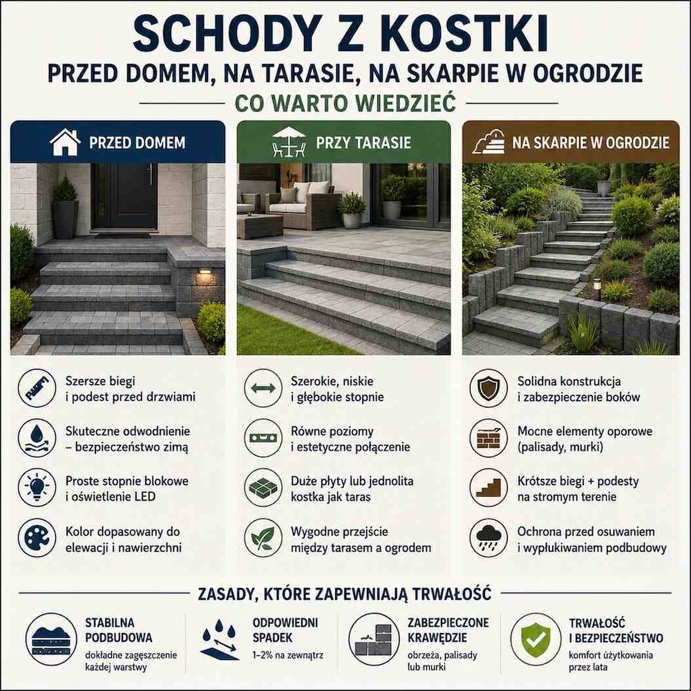 schody z kostki przed domem i w ogrodzie budowa schodów z kostki