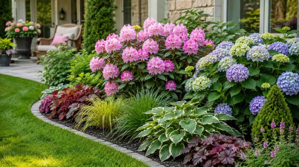 rododendron z hortensją na rabacie rabata z hortensją i rododendronem