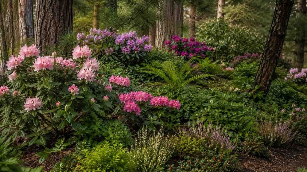 rabata w stylu leśnym z rododendronami leśny styl rabaty z rododendronem