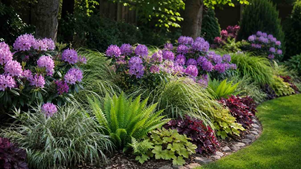 rododendron w towarzystwie innych roślin rododendron z innymi roślinami na rabacie