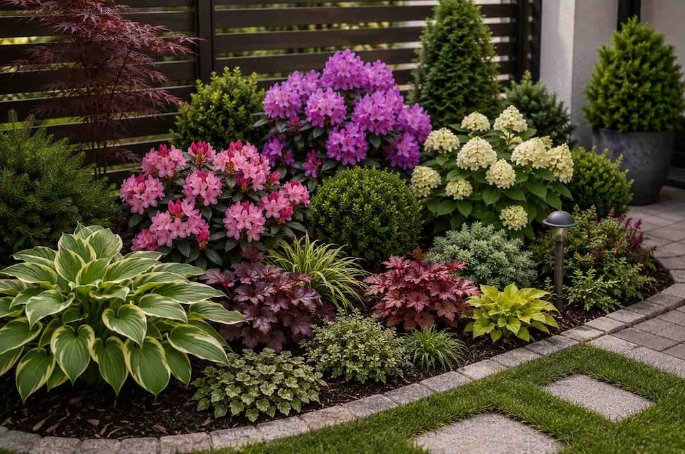 ogrodowa rabata z rododendronem rabata z rododendronem w małym ogrodzie