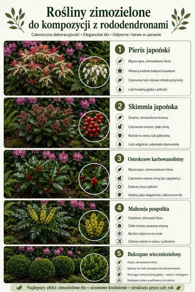 z jakimi roślinami zimozielonymi łączyć rododendron rododendron i rośliny zimozielone