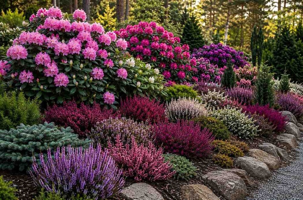 zestawienie rododendronów z wrzosami połączenie wrzosów i rododendronów