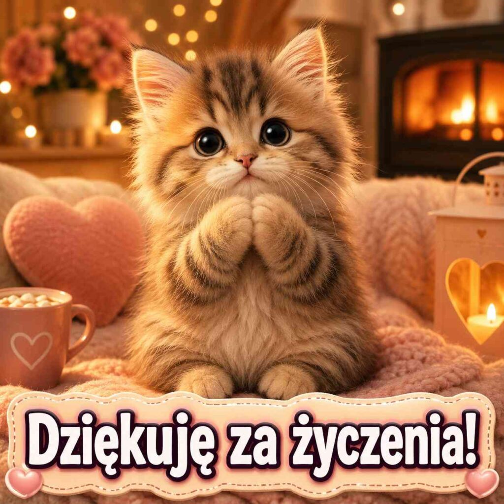 podziękowanie za życzenia - obrazek z kotem 