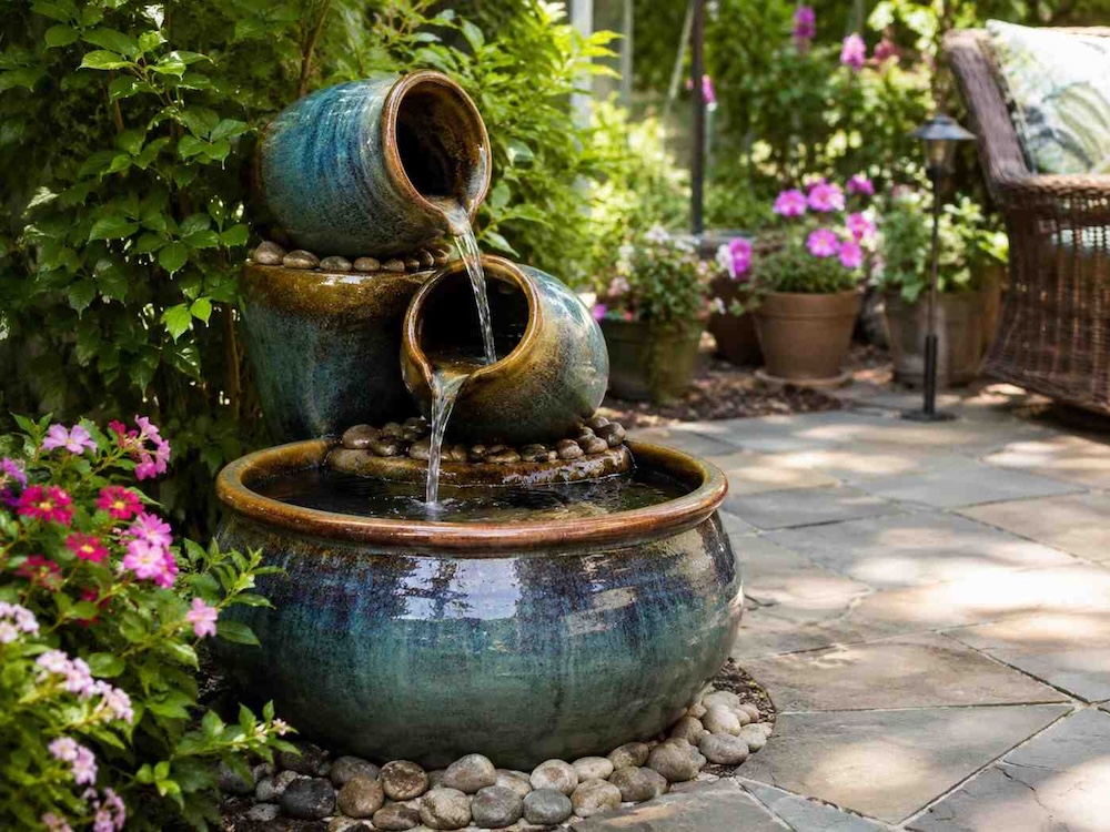 fontanna z doniczek ceramicznych 