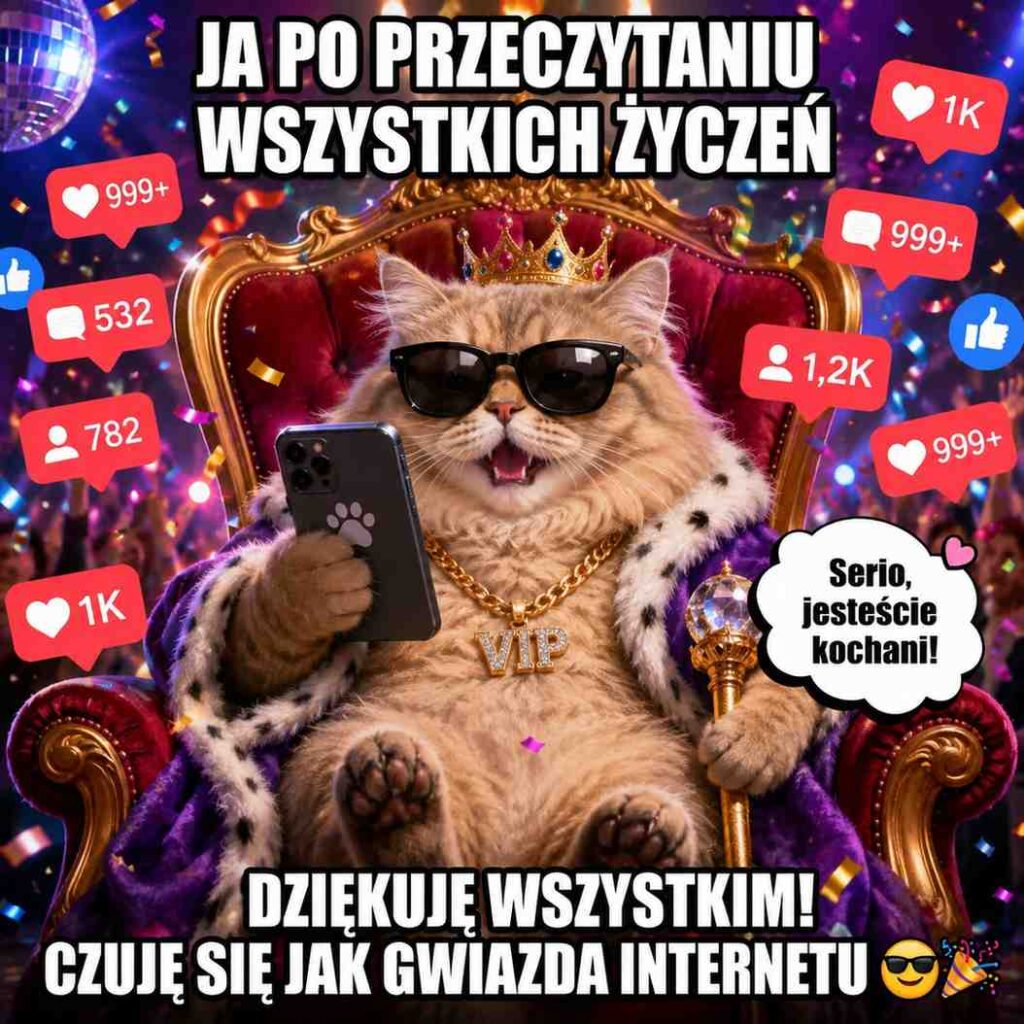 podziękowania za życzenia na wesoło - mem z kotem 