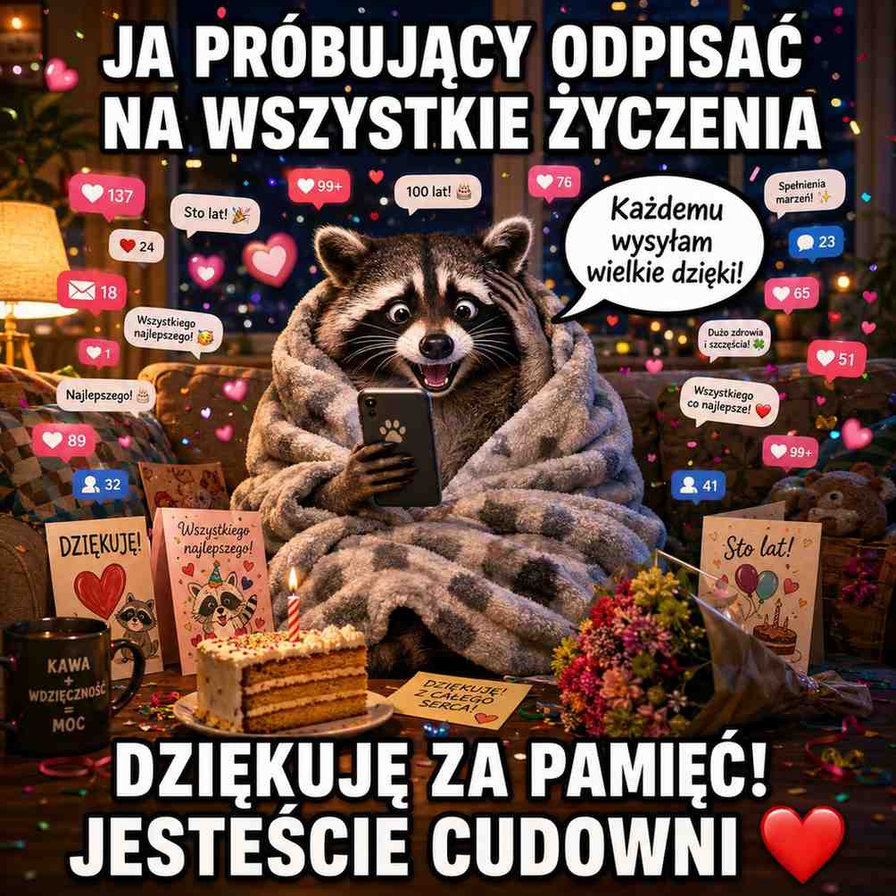 podziękowania za życzenia na wesoło - mem z szopem 