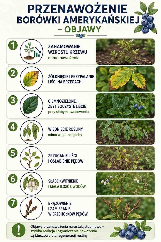 przenawożenie borówki amerykańskiej - objawy na infografice