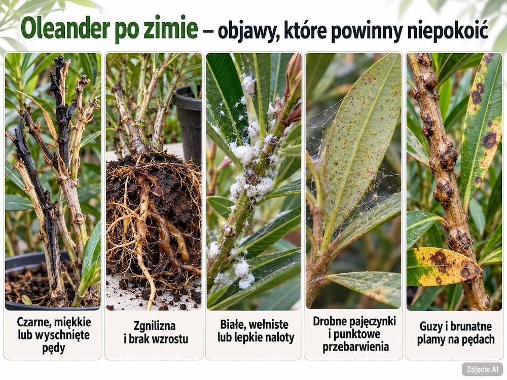 oleander po zimie - objawy problemów oleander po zimie - objawy choroby